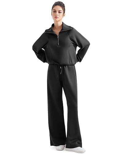 SUUKSESS Women 2 Piece Lounge Matching Set Wide Leg Sweatpant Half Zip Sweatshirt thumbnail 5
