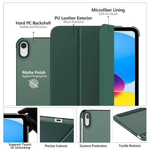 MoKo for iPad (A16) 11th Generation Case 11 Inch 2025,iPad 10th Generation Case 10.9 Inch 2022,Slim Stand Hard PC Translucent Back Shell Smart Cover,Support Touch ID,Auto Wake/Sleep,Midnight Green thumbnail 3