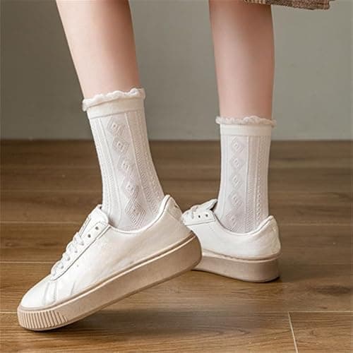 Tyadorw 5 Pair White Cute Ankle Socks for Women Coquette Cable Knit Long Cotton Lace Ruffle Frilly Cottagecore FLoral Socks thumbnail 3