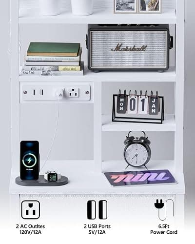 Furnulem Tall Nightstand with LED Lights and 3 Tier Shelves, Night Stand with 3 Fabric Drawers, 45.3inch Tall Bedside Tables with USB Ports and Outlets in Bedroom, Dorm, Office (White) thumbnail 6