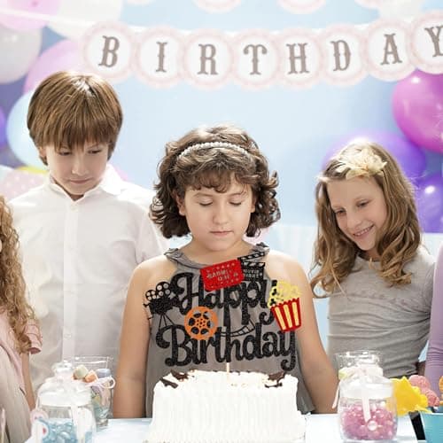 Confetti! Movie Night Cake Topper Happy Birthday Sign Cake Pick Decorations for Theater Video Recorder Roll Camera Popcorn Hollywood/Bollywood Theme Birthday Party Supplies thumbnail 7