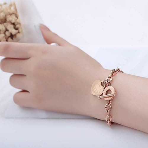 kelistom 316L Stainless Steel Love Heart Charm Bracelet for Women Romantic Gift Silver/Rose/18k Gold Plated OT Clasp Bracelets thumbnail 3