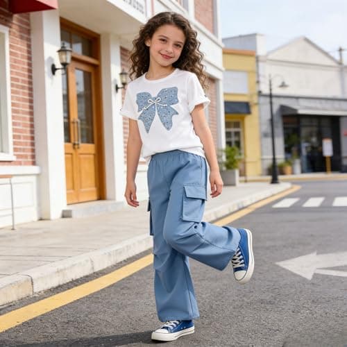 Voxikodex Size 9 10 Years Girls Clothes 2 Piece Butterfly Print Short Sleeve T-Shirt Tops & Blue Cargo Pants Set Trendy Little Girls Spring Summer Outfits Set(9-10Y) thumbnail 4