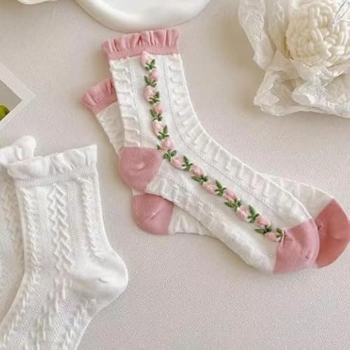 Flixxo 5 Pair Cute Women's Cottagecore Lace Ruffle Ankle Socks - Cable Knit Cotton Coquette Aesthetic Socks thumbnail 6