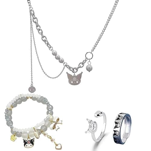 Yuoos Kawaii Pearl Necklace Set Stainless Steel Adjustable Open Silver KT Y2K Finger Ring Gyaru Anime Stunning Bracelets 90s Chain Necklace for Women - Image 1