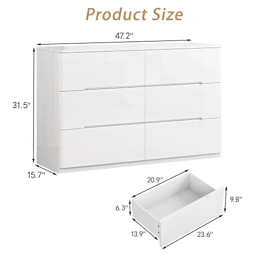 ZORPLIX White Wood Dresser, 6 Drawer Dressers for Clothes Storage for Bedroom, Modern Dresser with Wide Drawers, Wide Wooden Chest Drawers for Living Room, Entryway, TV Stand thumbnail 2