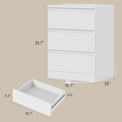 Draelibor Nightstands Set of 2 with Charging Station and Drawer, White | Bedside Tables with 3 Drawers, Modern End Tables for Bedroom, 2 AC Outlets and 2 USB Ports, 15.7" W x 13" D x 21.7" H thumbnail 3