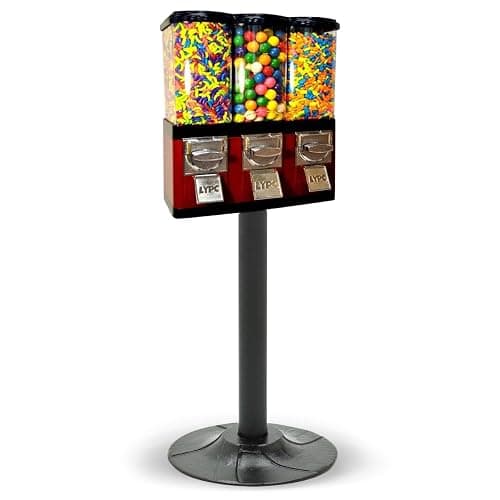Red Triple Compartment Commercial Vending Machine for 1 inch Gumballs, 1 inch Toy Capsules, Bouncy Balls, Candy, Nuts with Stand by American Gumball Company - Triple Compartment - Image 1