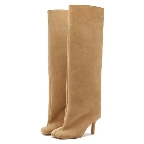 Women's Knee High Boots Nude Suede Wide Calf Stiletto Long Boots Pull On High Heel Riding Boots Fahion Dress Fall Tall Boots - Image 1