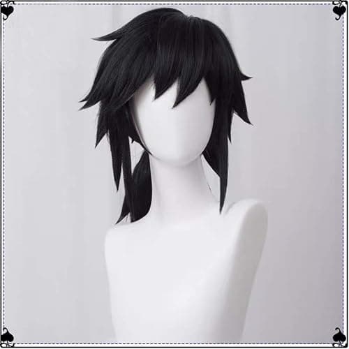 GZIRUE Giyu Giyuu Tomioka Wig Cosplay Black Fluffy Spiky Hair Costume Wig with Ponytail Wig Cap thumbnail 5