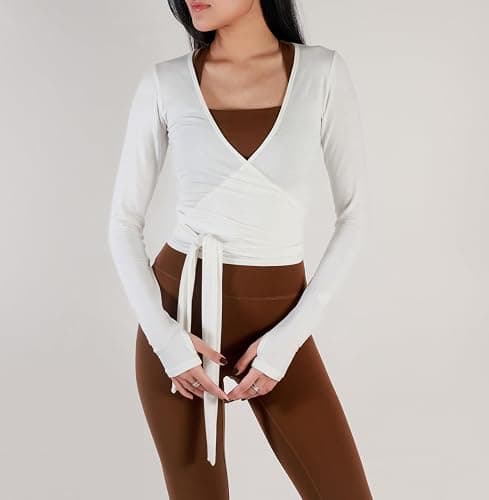 Meihuida Women Wrap Top Long Sleeve Deep V Neck Tie Workout Ballet Pilates Yoga Shirt with Thumb Holes thumbnail 3