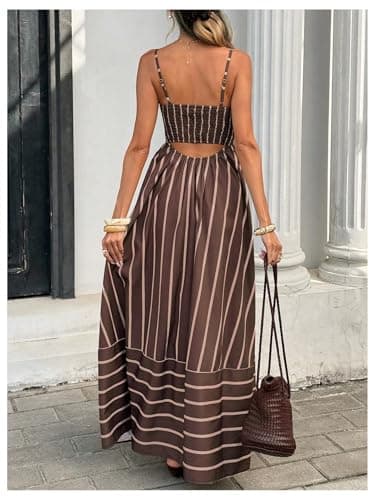 Milumia Women's Striped Spaghetti Strap Dress Smocked Open Back Flowy Long Vacation Dresses Brown Small thumbnail 3