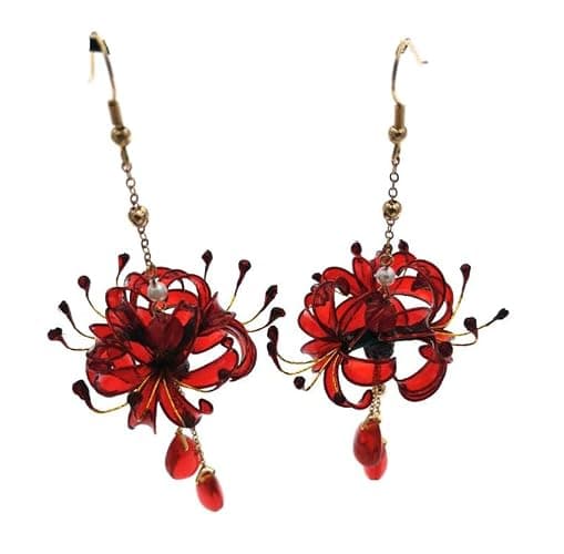 MIAO WU 1Pair Handmade Women Lycoris radiata Flower Earring, Ancient Hanfu Kimono Jewelry Eardrop,Artificial Ear Dangle Drop for Bridal Wedding Party Cosplay Decorations thumbnail 2