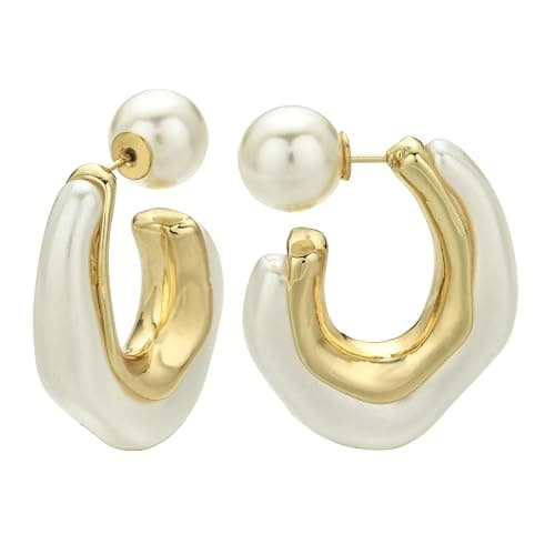 ROGOWOL Acrylic Resin C Shape Open Hoop Earrings with Pearl Ball Back Hypoallergenic Double Sided Faux Pearl Statement Hoop Earrings for Women - 8-Pearl White - Image 1