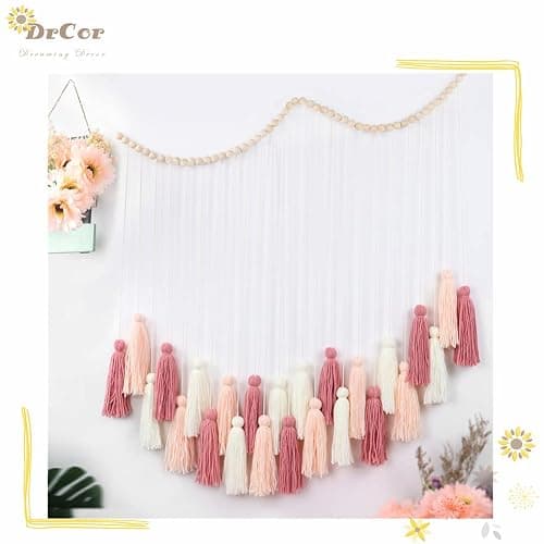 DrCor Blush Pink Boho Macrame Wall Hanging – Handmade Rose Gold Tassel Decor for Nursery, Dorm, Baby Shower, Wedding & Cozy Fall Home or Classroom Display thumbnail 6