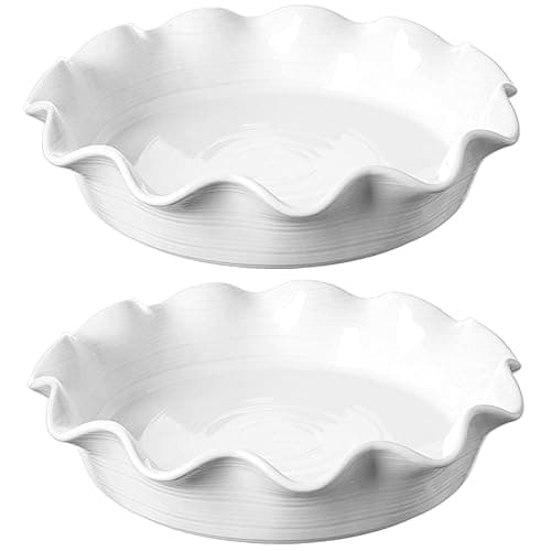 LE TAUCI Ceramic Pie Pans for Baking, 11 Inches Deep Dish Pie Plate for Apple Pie, Pot Pie, 48 Ounce Baking Dish with Ruffled Edge, Set of 2, White - Image 1