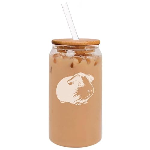 MIP 16oz Can Shaped Glass Iced Coffee Cup with Bamboo Lid and Straw Gift Cute Guinea Pig - Image 1