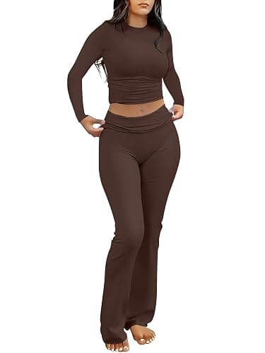 ANRABESS Women 2 Piece Outfits Fall Lounge Sets Long Sleeve Cropped Top Fold Over Flare Pants Comfy Pajamas Set Y2K Clothes - Image 1