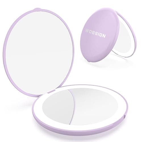 WOBSION Travel Compact Mirror,Portable 1x/10x LED Makeup Mirror with Magnification,Handheld 2-Sided Pocket Mirror, 3.5in Small Mirror for Purse,Handbag,Gift,Purple - 3.5inch Battery Purple