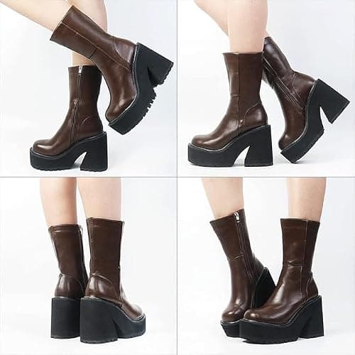 Goiphrri Ankle Boots for Women Chunky Heel Platform Boots Fashion Work Combat Booties Round Toe Punk Boot Party Rave Booties for Women thumbnail 2