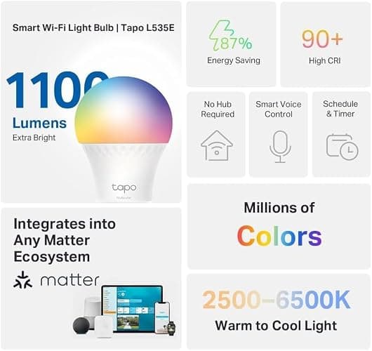 Tapo TP-Link Smart Light Bulbs, 1100 Lumens High Brightness (75W Equivalent), Matter-Certified, 16M Colors WiFi Light Bulb, Dimmable, Works w/Siri, Alexa & Google Home, A19 E26, L535E(4-Pack) thumbnail 2