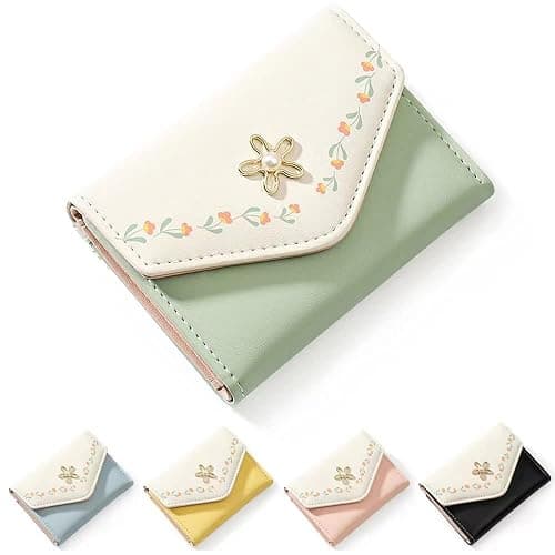 kuifang Girls Cute flowers Print Wallet, Small Tri-folded Aesthetic Wallet, PU Leather Purse Cash Pocket Card Holder ID Window Purse for Women(Green) - Image 1