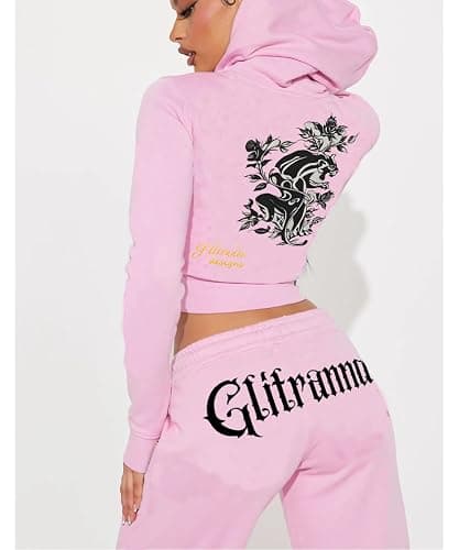 Glitrandi Womens 2 Piece Outfits Fashion Print Cropped Hoodies Jacket Sweatpants With Pockets Tracksuit For Women - B-pink - Medium thumbnail 3