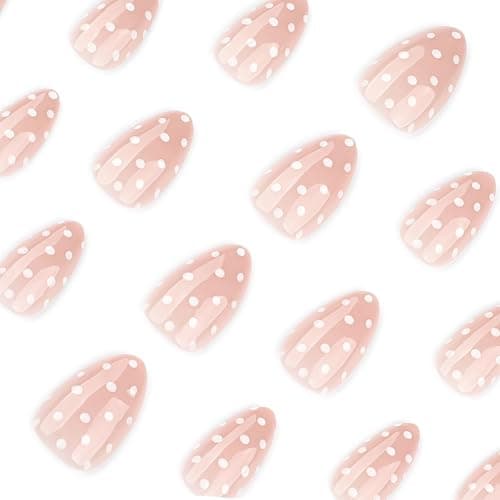 Polka Dot Press on Nails Short Almond Fake Nails Cute False Nails Press ons with White Dots Design Full Cover Stick on Nail for Women Manicure,Glossy | Reusable | Nail Sticky Tab | Easy Apply | 30Pcs thumbnail 3