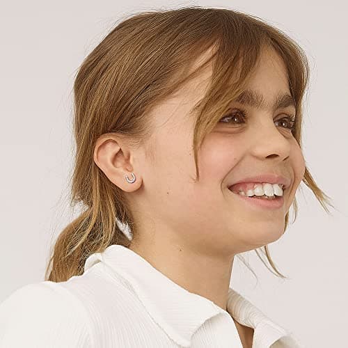 In Season Jewelry Cubic Zirconia Horseshoe Stud Kids Earrings - 925 Sterling Silver Hypoallergenic Earrings for Girls with Secure Screw Backs - Safe & Comfortable for Kids & Little Girls thumbnail 2
