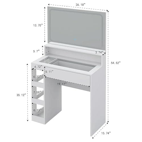 HuaYing Makeup Vanity Desk with Mirror and Lights, LED Tempered Glass Top, 3 Lighting Modes Brightness Adjustable,Power Outlet,Bedroom Dressing Table, Snow White thumbnail 2