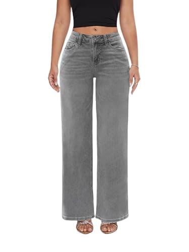 ONESO Mid-Low Rise Baggy Jeans Wide Leg for Women Distressed Pants Stretchy Bottom Lady Basic Comfortable Denim thumbnail 2