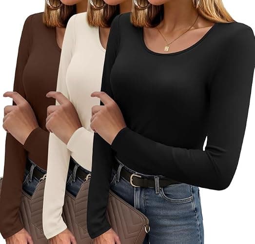 Ekouaer Long Sleeve Shirts for Women 3 Pack Scoop Neck Fitted Tops Thermal Undershirt Stretch Base Layer Soft Tee XS-XXL - Image 1