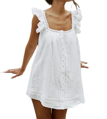 Women Lace Trim Mini Cami Dress Spaghetti Strap Square Neck Short Dress Boho Loose Flowy Backless Babydoll Dresses - Image 1