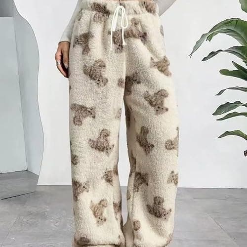 Flannel Plaid Leopard Pajama Pants for Women Plush Fuzzy Pjs Pant Furry Pajamas Bottom Sleep Pants thumbnail 6