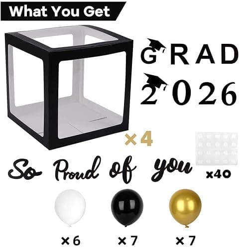 2026 Graduation Party Decoration Black Balloon Boxes with Letters 2026 Grad & So Proud of You and 20 pcs Ballons thumbnail 3