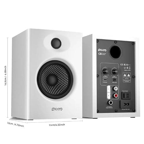 OHAYO 60W Computer Speakers for Gaming and Music, Active Bluetooth 5.3, Stereo 2.0 Speakers for Desktop PC Monitor or Laptop, Surround Sound Speaker, 3.5 mm Aux RCA Input, USB-Powered, 1 Pair, White thumbnail 2