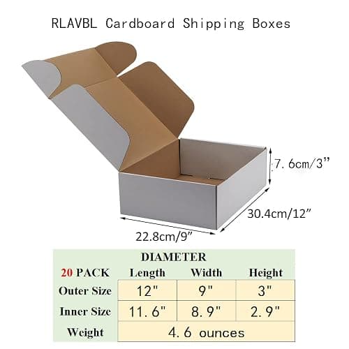 RLAVBL 12x9x3 Inches Shipping Boxes Set of 20, White Corrugated Cardboard Box, Mailer Boxes for Packing Small Business thumbnail 3