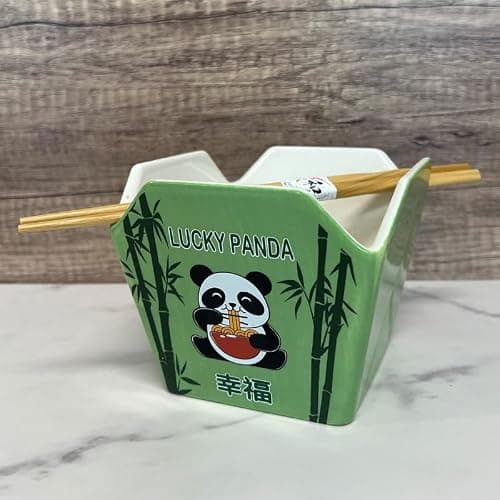 Urban Tokyo Chinese Takeout Box Style Porcelain Bowl With Chopsticks 18 fl oz Square Box Shape Rice Noodles Pasta To Go Box Shaped Bowl Microwave Dishwasher Safe (Hungry Panda) thumbnail 2