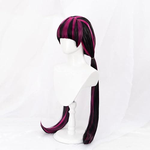 ZNTU Black Mixed Pink Cosplay Wig with Bangs, Elf Ears and Free Wig Cap - 80cm Heat Resistant Synthetic Fiber Wig for Halloween, Theme Parties and Anime Fans thumbnail 2