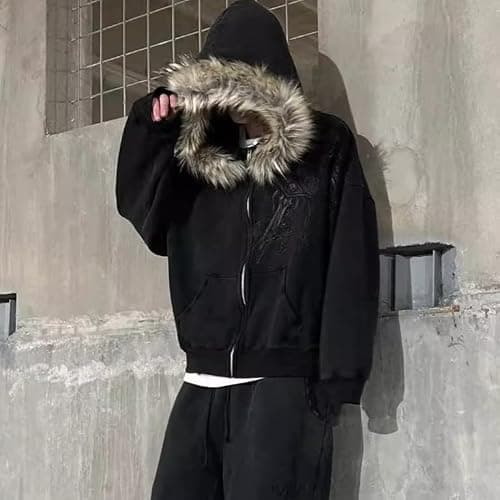 OANTGM Crop Winter Coats Teen Y2k Zip Up Hoodie Fur Jackets 2000s Streetwear Emo Grunge Streetwear thumbnail 5