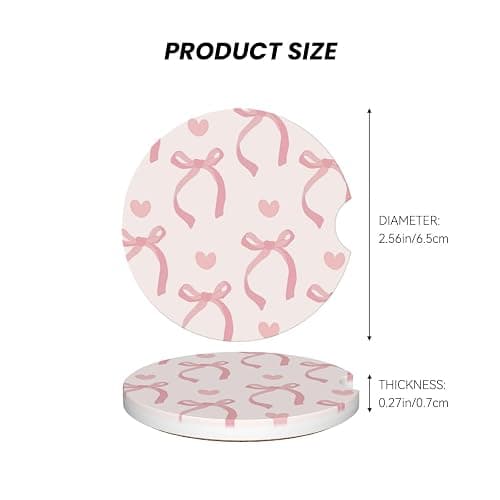 Pink Bow Love Heart Car Cup Holder Coaster 2 Pack Absorbent Ceramic Car Coasters for Cup Holders Car Accessories Interior for Women Men Universal Anti Slip Cork Base Cup Coasters with Finger Notch thumbnail 2