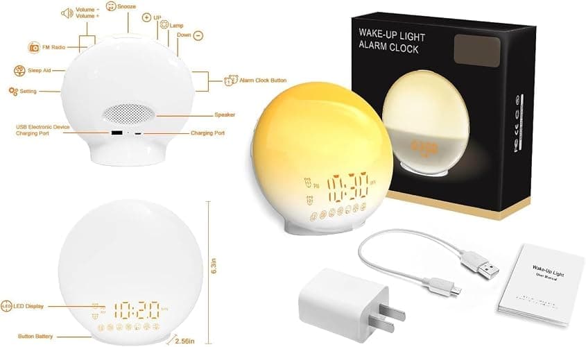 Tuerthy Reveil Lumineux, Réveil Intelligent pour Enfants Adultes, Reveil Matin Simulateur d'Aube et Crépuscule, Snooze,7 Sons Naturels, FM Radio Réveil, Veilleuse LED 7 Couleurs, Lampe de Chevet thumbnail 9