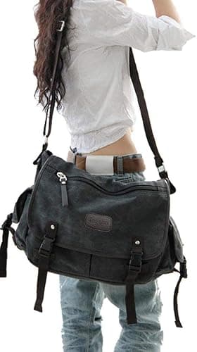 [Upgraded] Vintage Canvas Messenger Bag 13 15.6 17 inches Large Book Laptop Shoulder Bag Women Men New (Black, X-Large) - Image 1