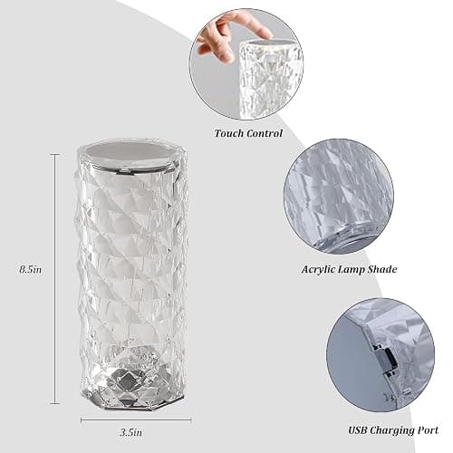 Portable Crystal Table Lamp, 3-Color Touch Control Rechargeable Night Light, Bedside & Desk Lamp for Bedroom, Living Room, Kitchen & Dining Room (3-Color Rose) thumbnail 7