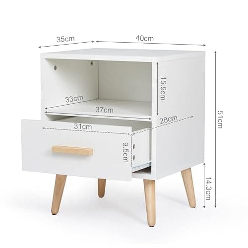 Mondeer Nachttisch, Nachtschrank mit 1 Schublade und 1 Offenem Fach, Holz Modern Nachtkommode mit Massivholzfüßen, Beistelltisch für Schlafzimmer Wohnzimmer, 40 x 35 x 51cm, Weiß thumbnail 3