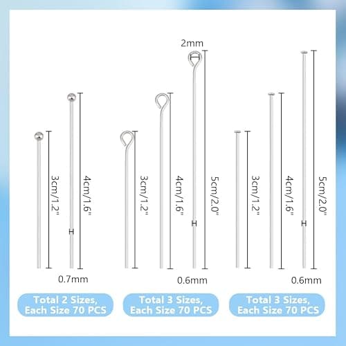 PH PandaHall 560pcs 8 Styles 304 Stainless Steel Eye Pins 30mm 40mm 50mm Head Pins 22 Gauge Ball Head Pin Findings Open Eye Pin for Earring Bracelet Pendant Jewelry Making, Stainless Steel Color thumbnail 3