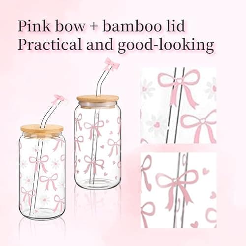 Nymora 2 Bow Glass Cups with Lids and Straws - Glass Tumbler with Straw, Lid and Silicone Covers, Gift for Birthdays, Christmas, Back to School (Bow & Flowers) thumbnail 4