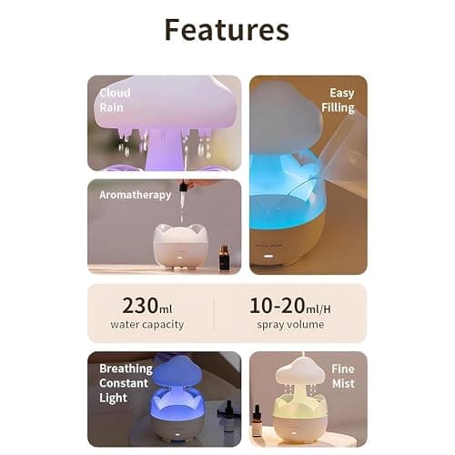 Cenroelon Rain Cloud Humidifier Water Drip Humidifier with Remote Oil Diffusers Lamp Mushroom Humidifier for Bedroom US Plug thumbnail 5