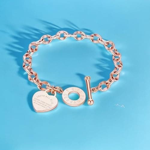 pichuxiu Heart Charm Bracelet Plated 18K Gold Bible Verse Heart Bracelet for Women Her Link Chain Toggle Clasp Stainless Steel Silver Mother's Day - Rose Gold thumbnail 3