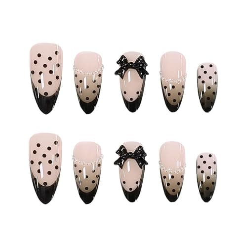 Black French Tip Press on Nails - Elegant Polka Dots with 3D Bow & Pearl Accents, Medium Almond Glossy False Nails, 24PCS Full Cover Manicure Kit thumbnail 3